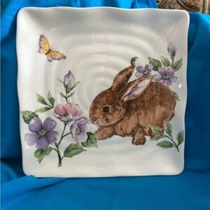 Decorative Bunny Ceramic Plate in White with Purple Floral Accents